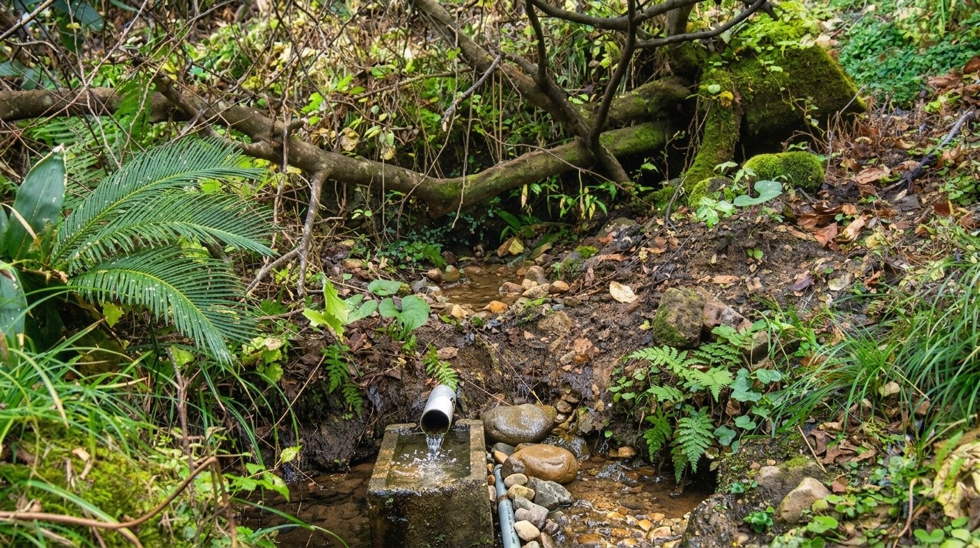 山の中の水源地。湧水を引く取水口